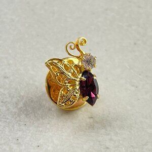 Vintage Small Butterfly Pin Lapel Gold Metal Clear Brown Crystal 1990s Gift